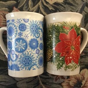 2 Royal Norfolk Christmas Coffee Mugs Poinsettia Pinecone and Snowflakes